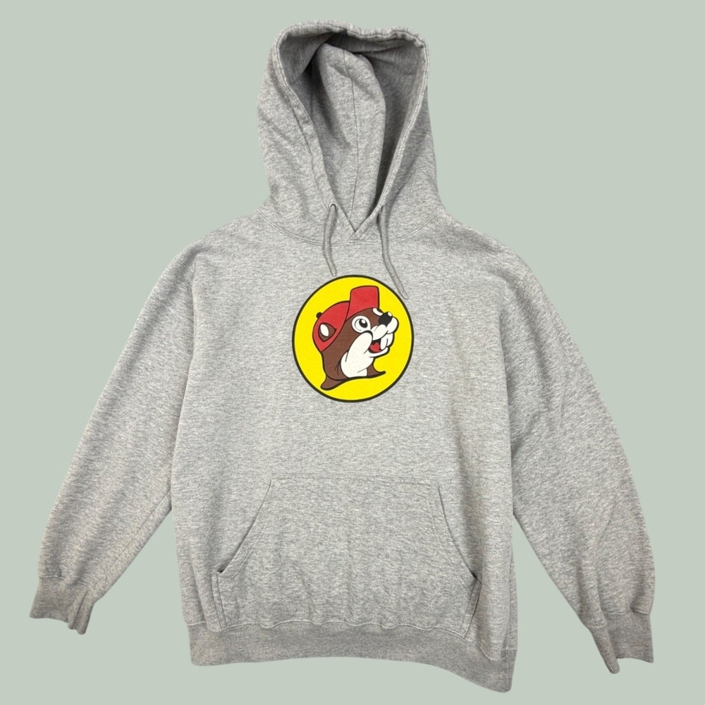 Buc-ee's Mens Heather Gray Graphic Logo Pullover Hoodie Size Large Texas Mascot